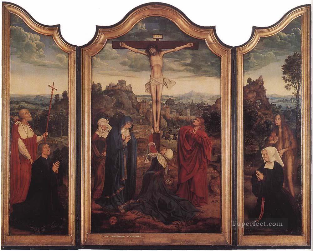Cristo en la cruz con los donantes religión Quentin Matsys Pintura al óleo